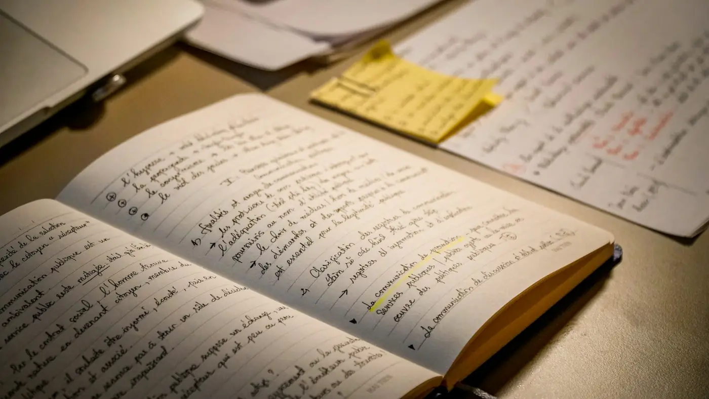 An open notebook filled with handwritten drafts and sticky notes