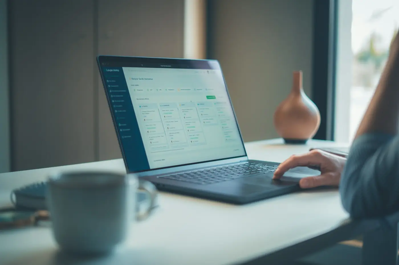A person working calmly at a laptop on a tidy desk