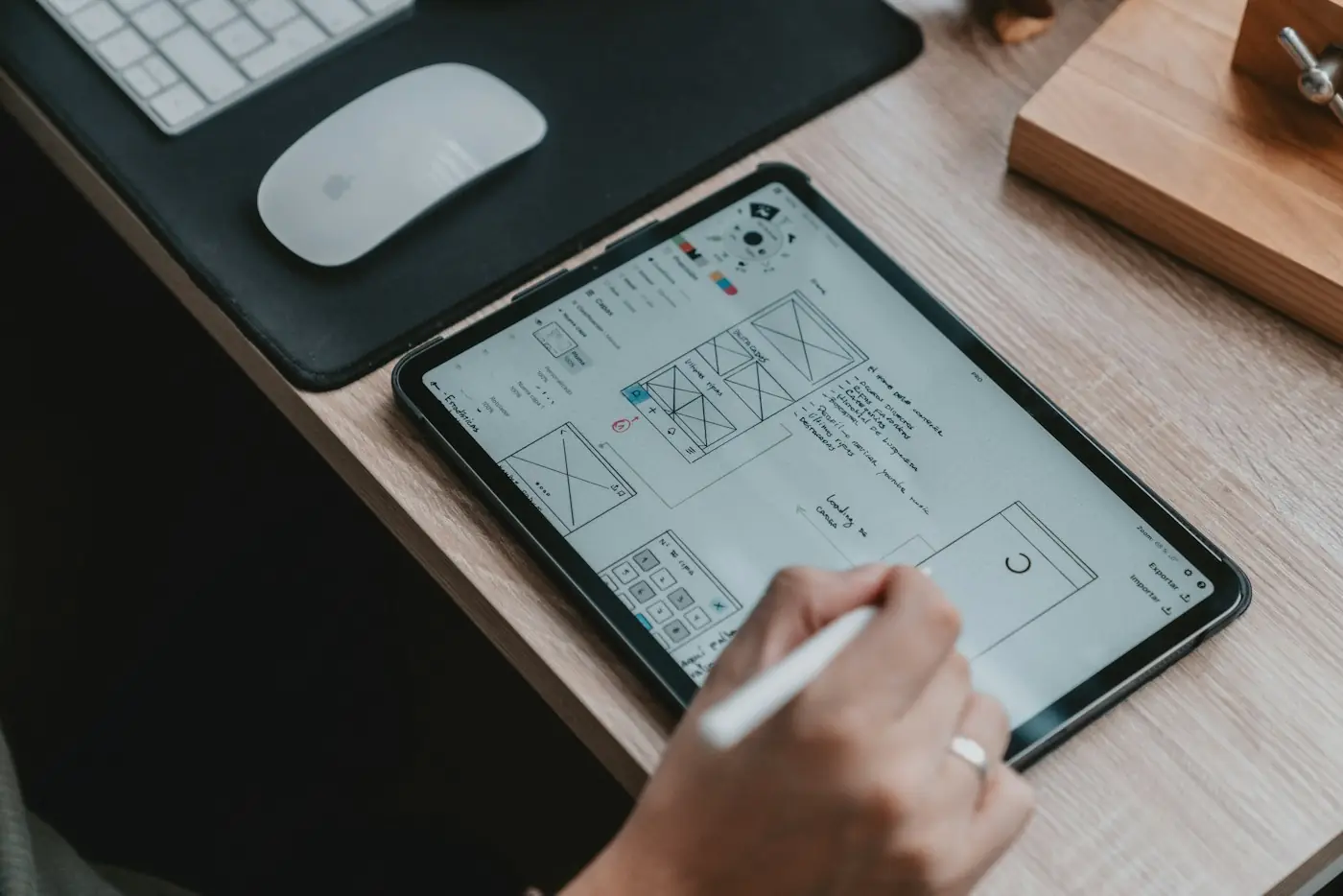 A designer sketching app screen wireframes on a tablet